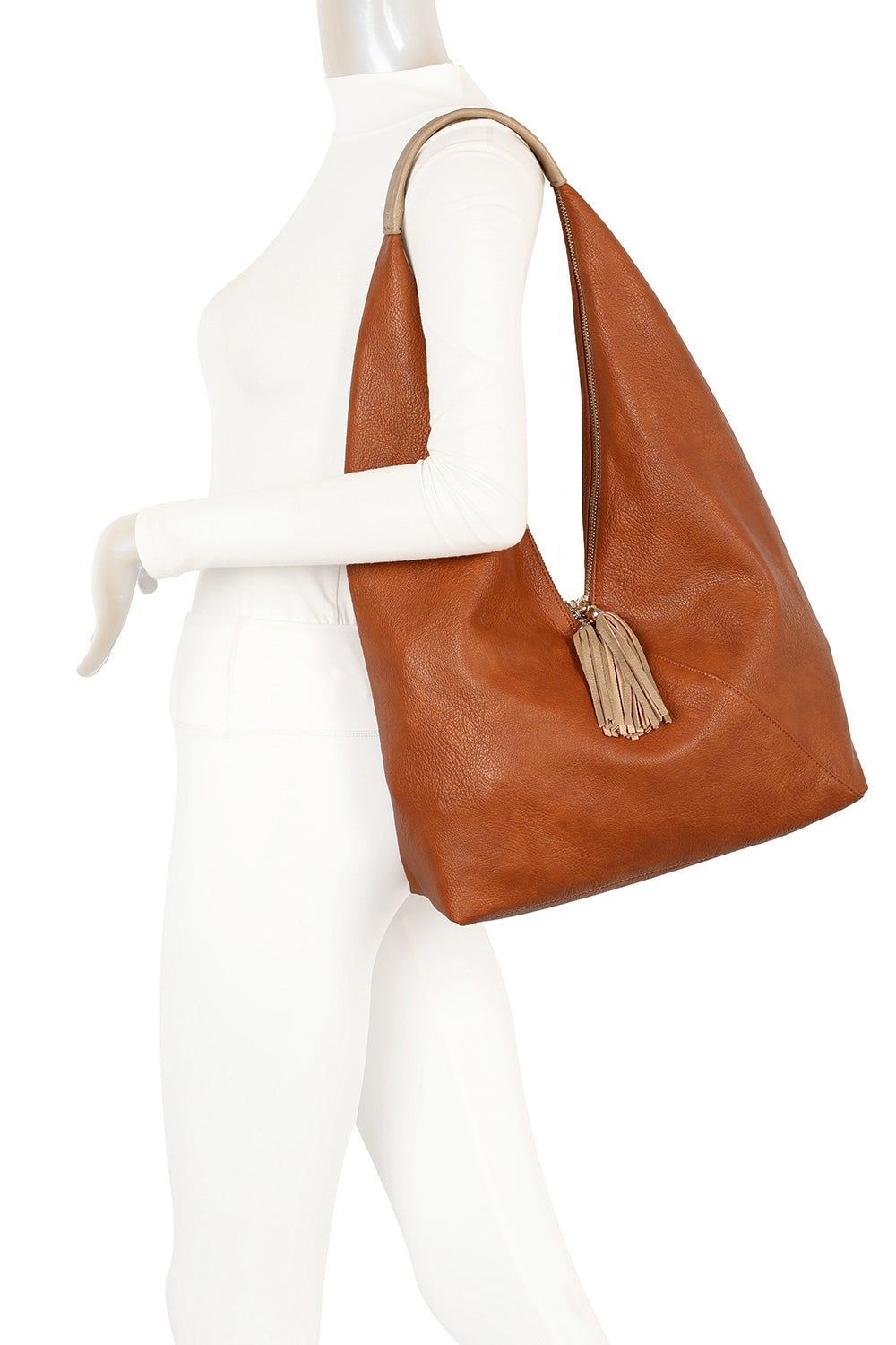 Dunne Tassel Zip PU Leather Hobo Shoulder Bag