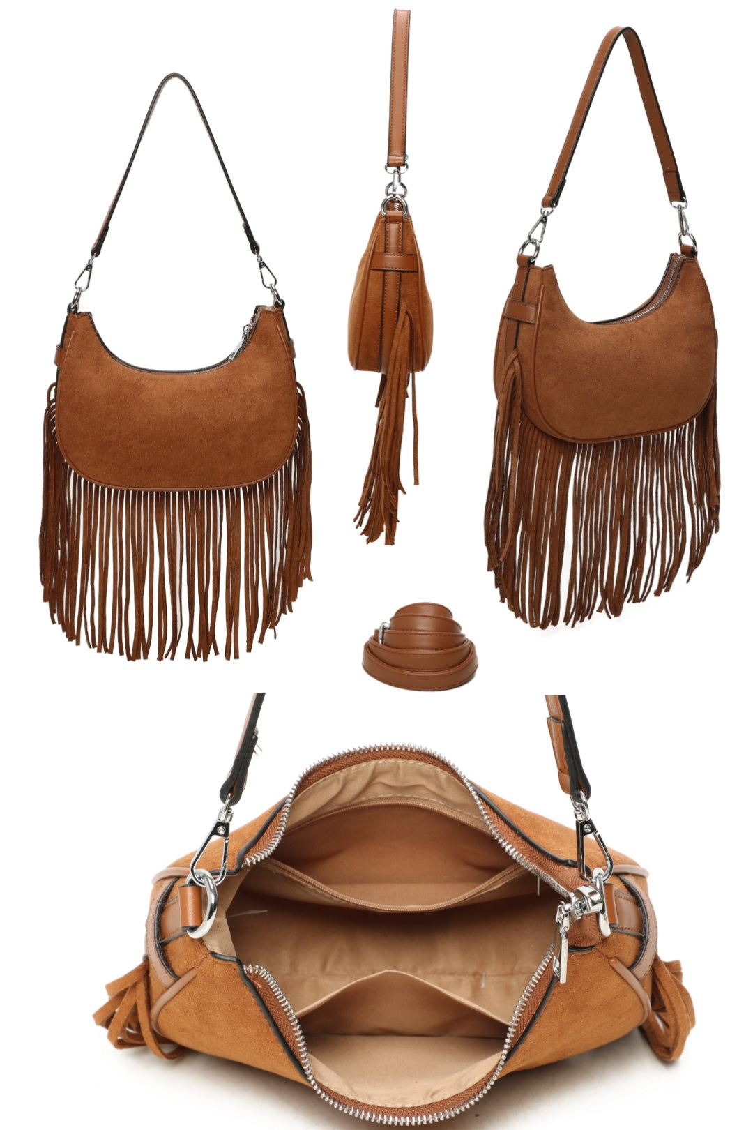 Mesa Suede Fringe Tassel Shoulder Hobo Bag With Removable strap - RX250931