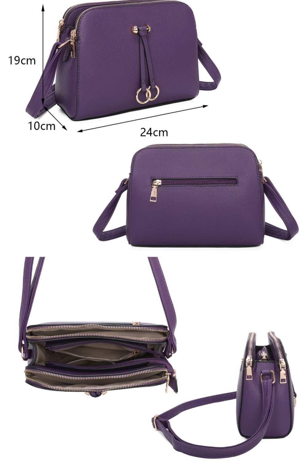Metz Twin Rings Charm Three Zipped Sections PU Leather Crossbody Bag - RB230621