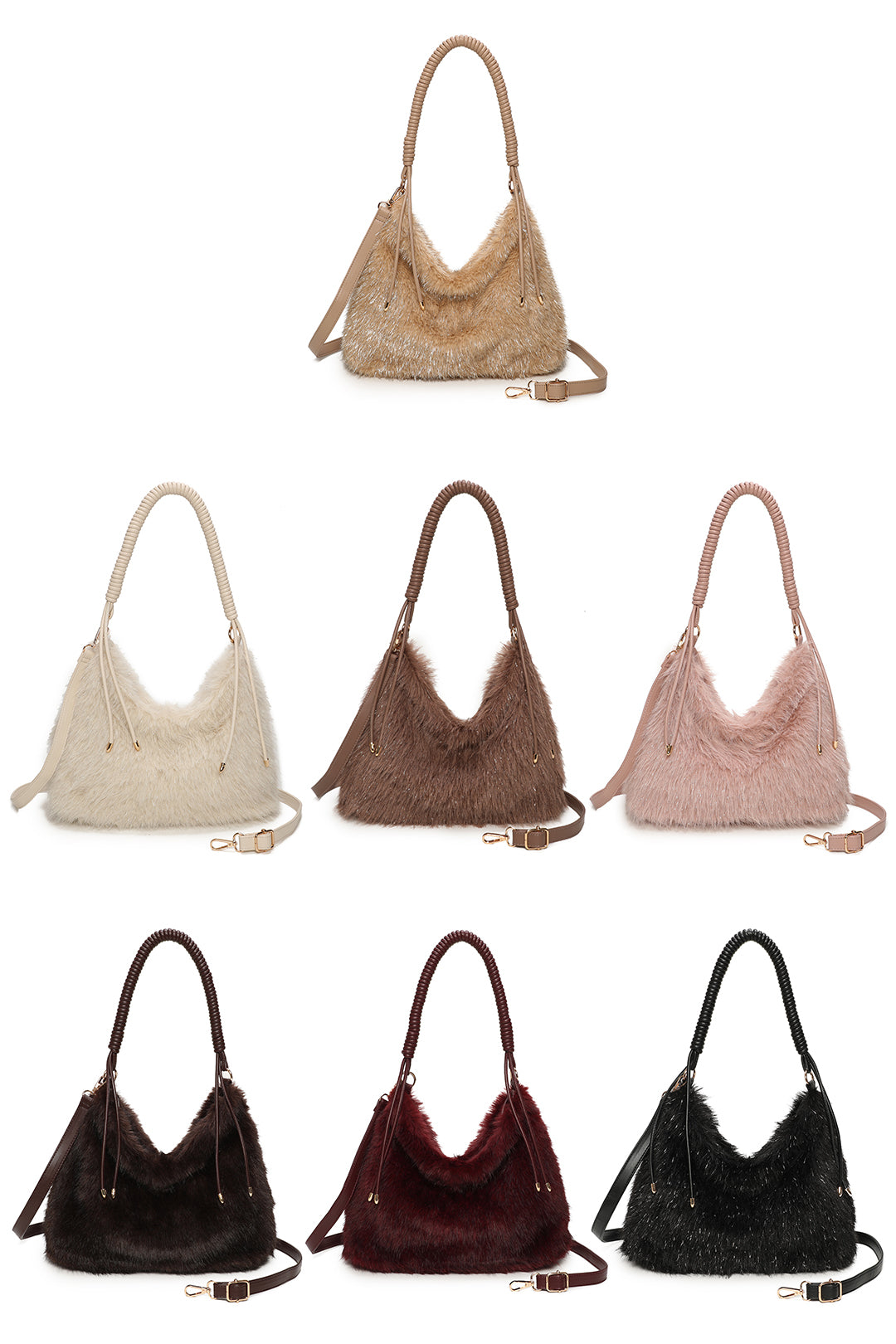 Calista Sparkling Faux Fur Top Zip Closure Shoulder Bag with Braided Handle - RJ260542