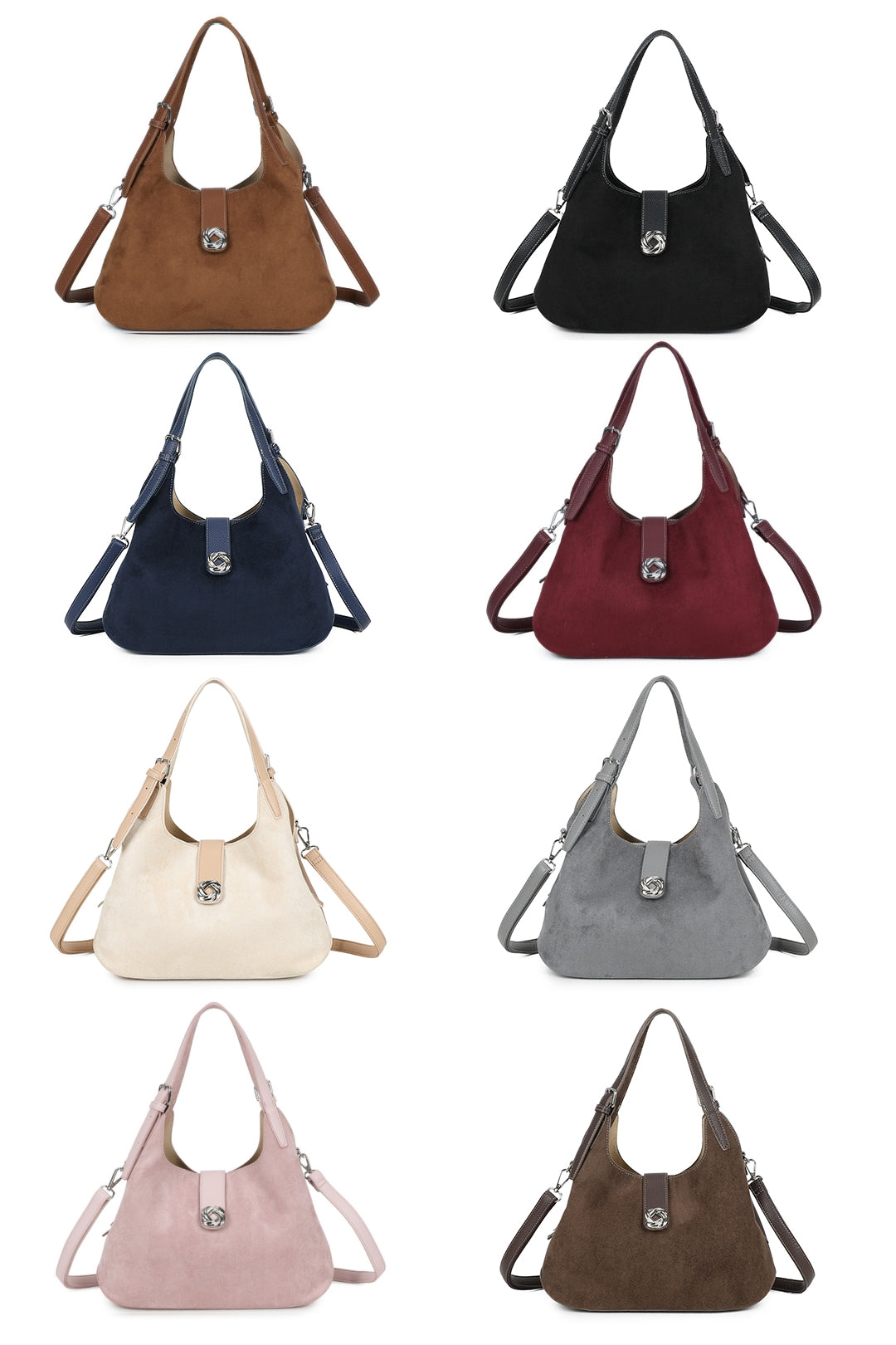 Caly Suede Tri-Compartments Top Handbag Hobo Bag with Detachable Strap - RJ250972