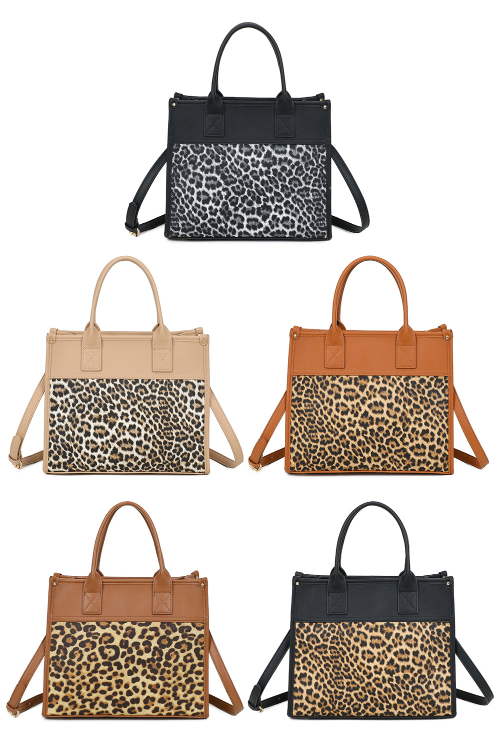 Glam Plain PU Leather Top Handle Crossbody Bag With Leopard Stripes (New) - RB250467N