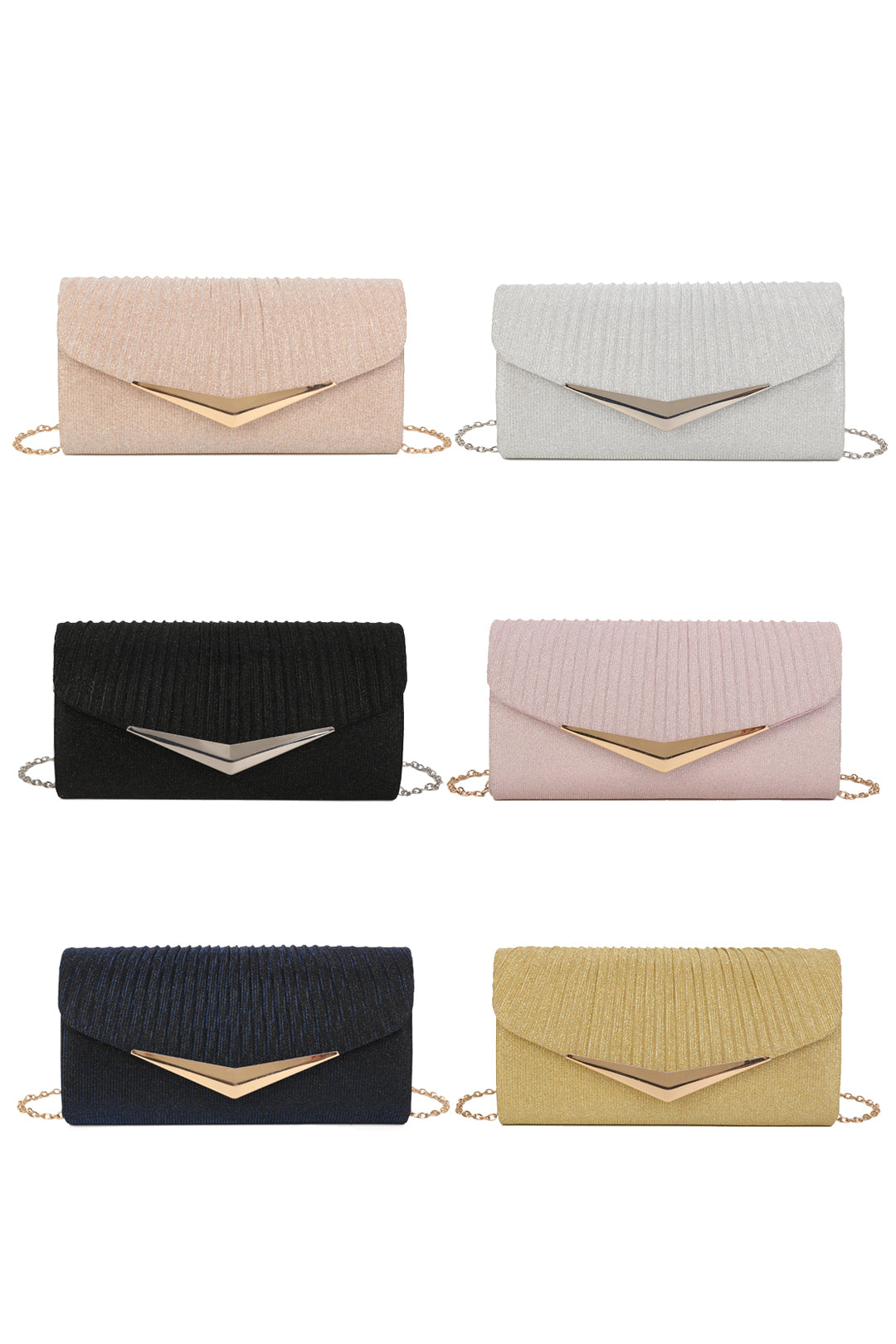 Celeste Fold Over V-shaped metal Pleated Glittering Clutch Bag - RH2601