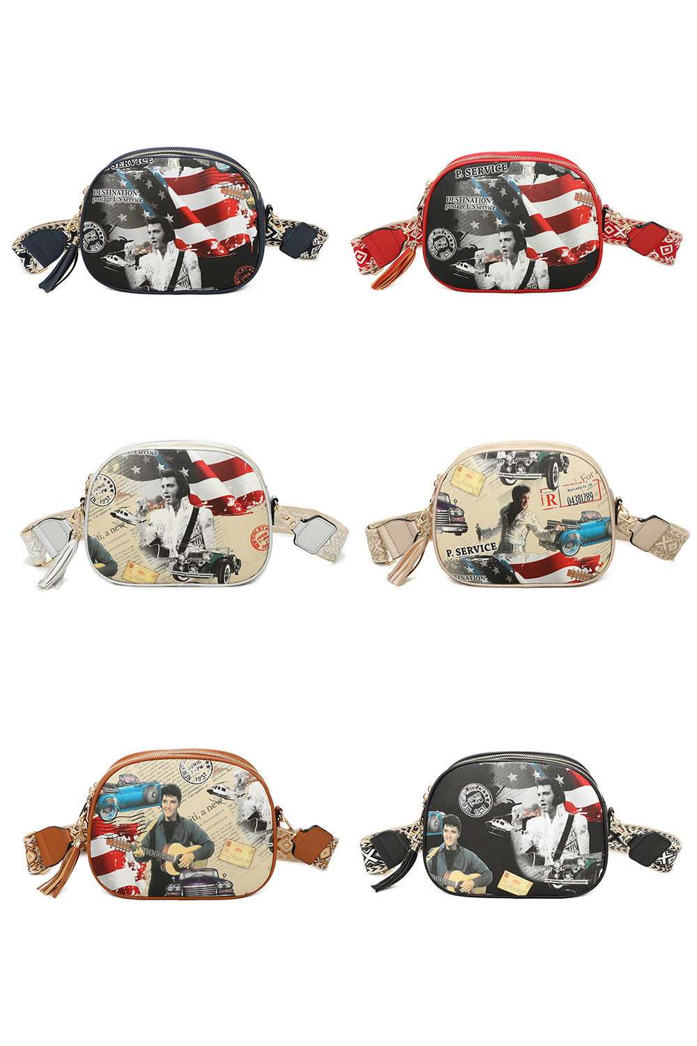 Triple Zipped Elvis Printed Crossbody Bag with Canvas Strap