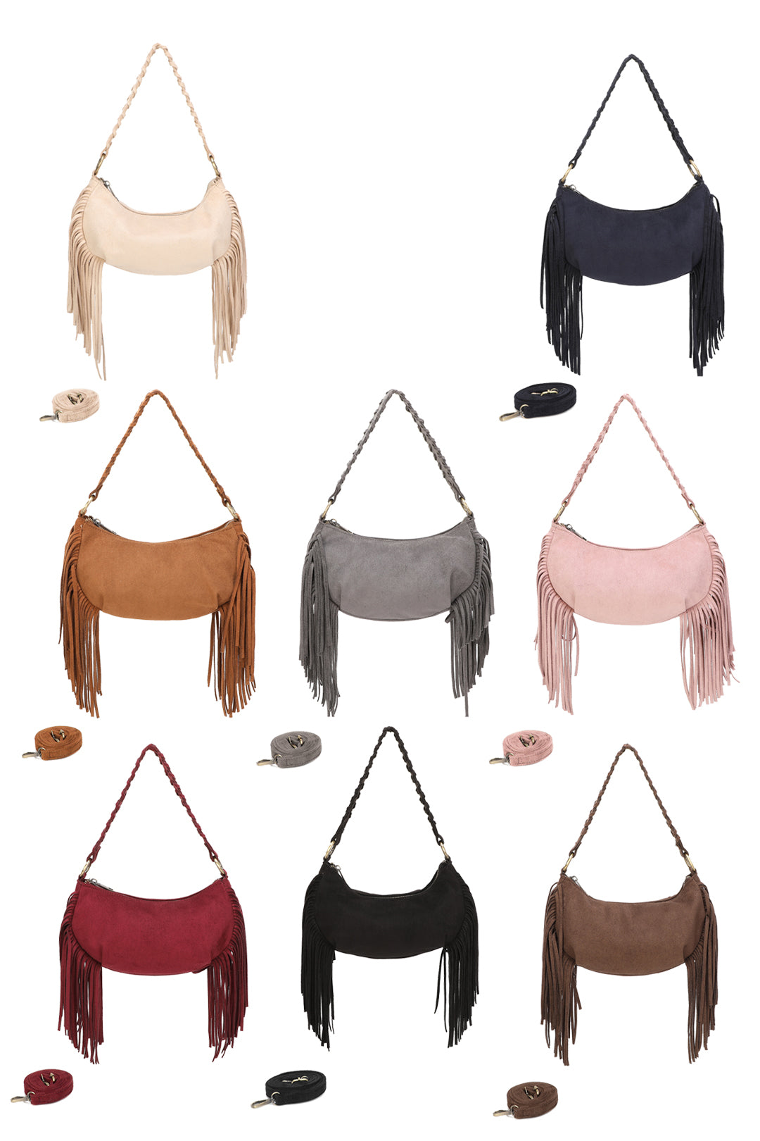 Aurex Faux Suede Fringe Tassel Crossbody Hobo Bag With Handwoven Strap - RJ250976
