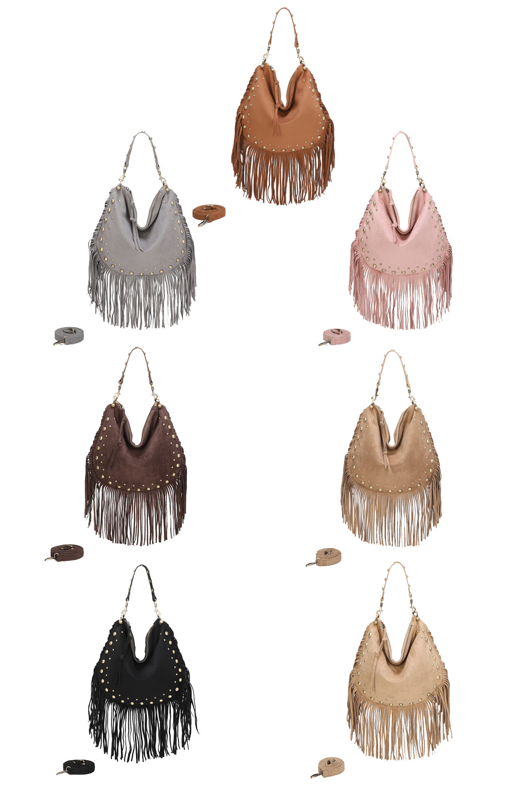 Caravan Studded Large Faux Suede Fringe Tassel Hobo Shoulder Bag - RY250962
