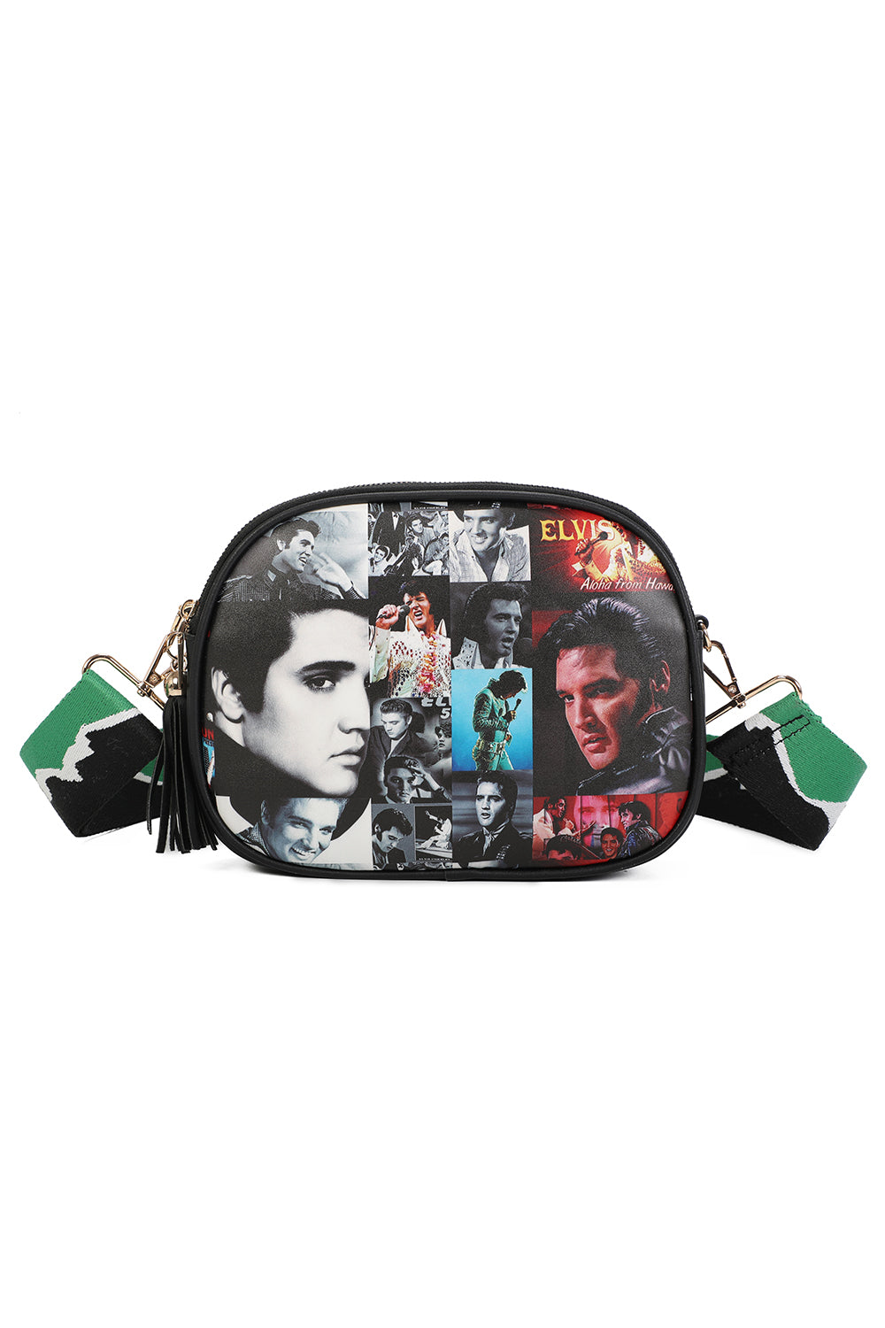 Triple Zipped Pockets Elvis Printed Crossbody Bag with Canvas Strap