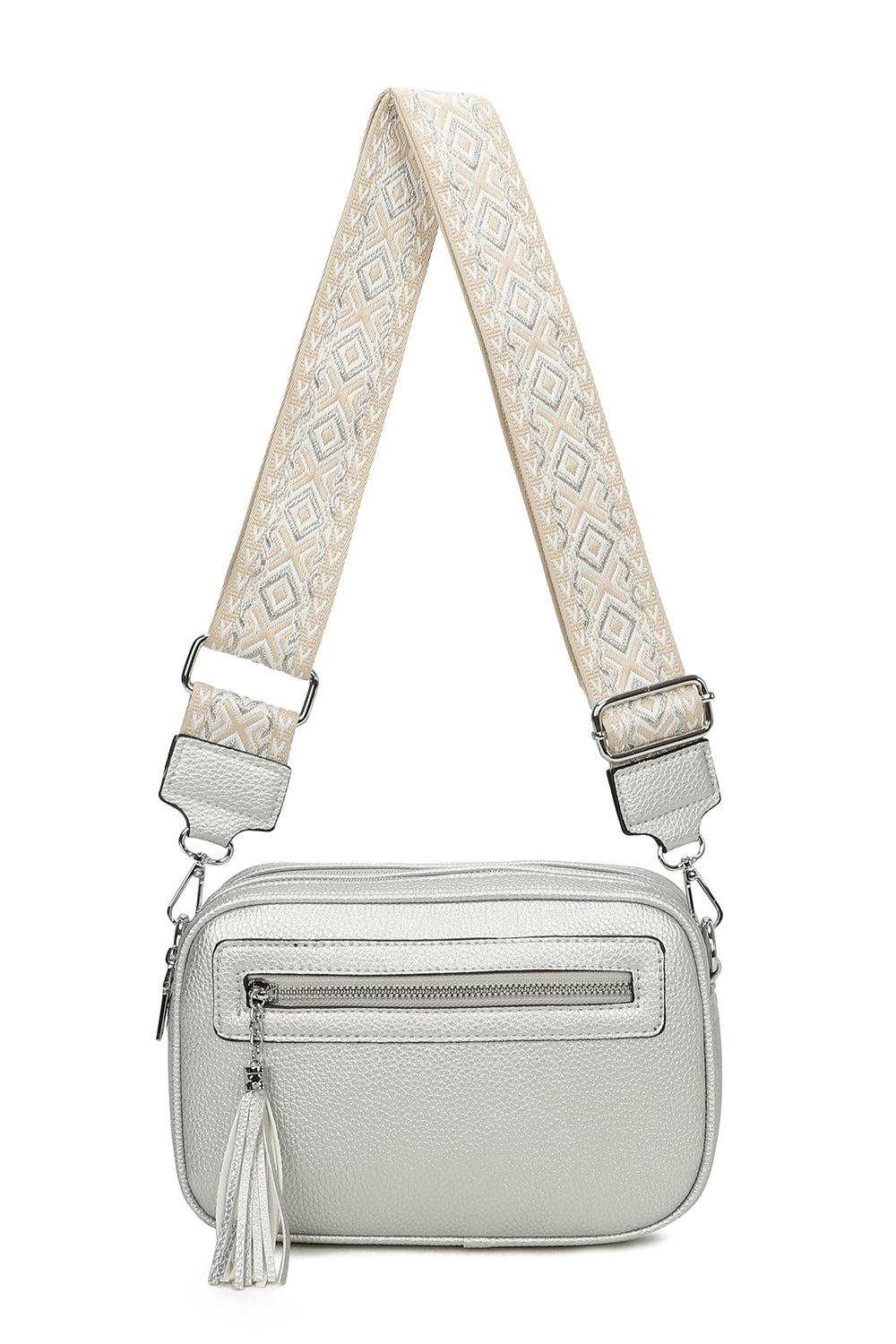 Quadriple Zipped Tassel Crossbody with Canvas Strap