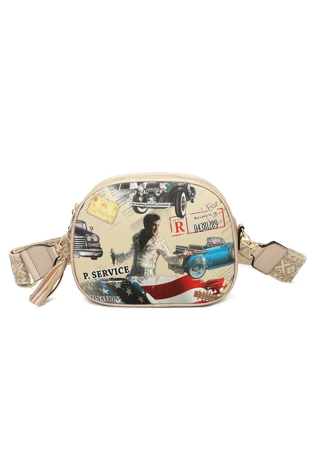 Triple Zipped Elvis Printed Crossbody Bag with Canvas Strap