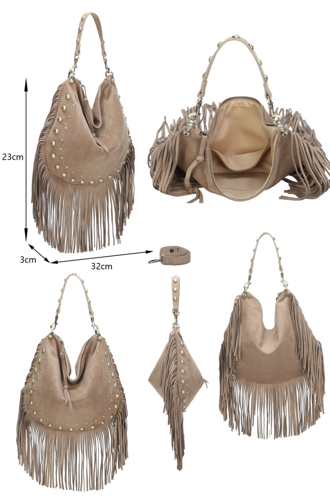 Caravan Studded Large Faux Suede Fringe Tassel Hobo Shoulder Bag - RY250962