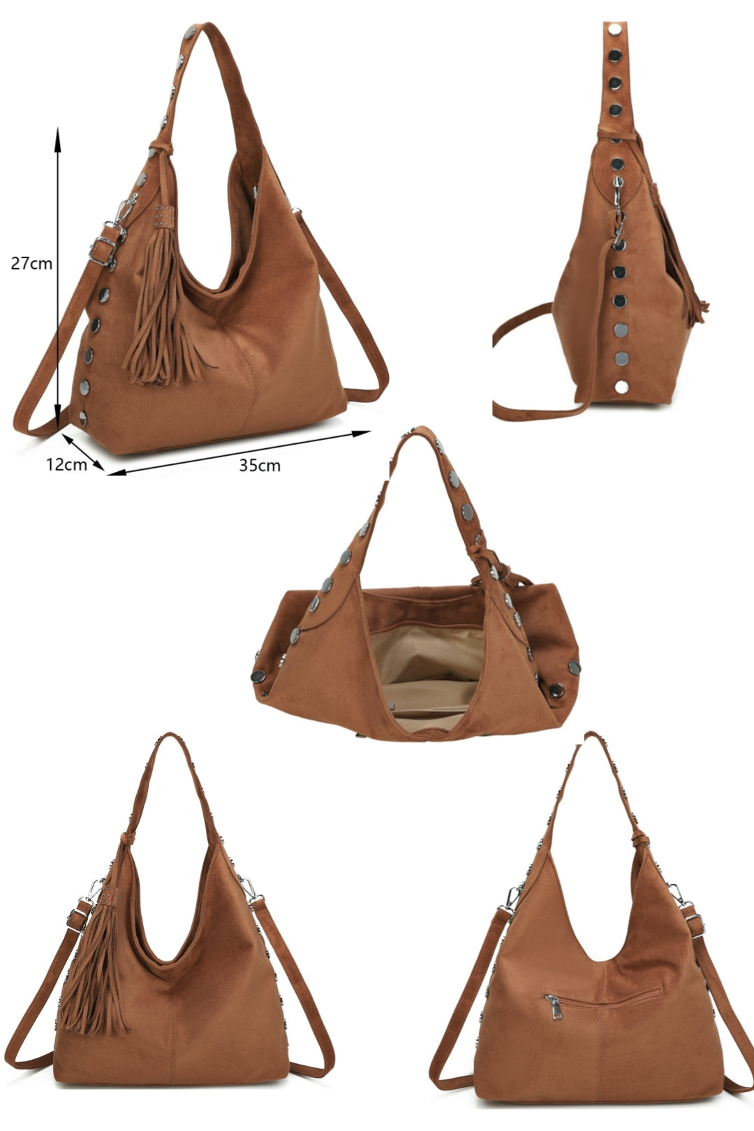 Bella Studded Large Faux Suede Tassel Slouch Hobo Shoulder Bag - RY250965