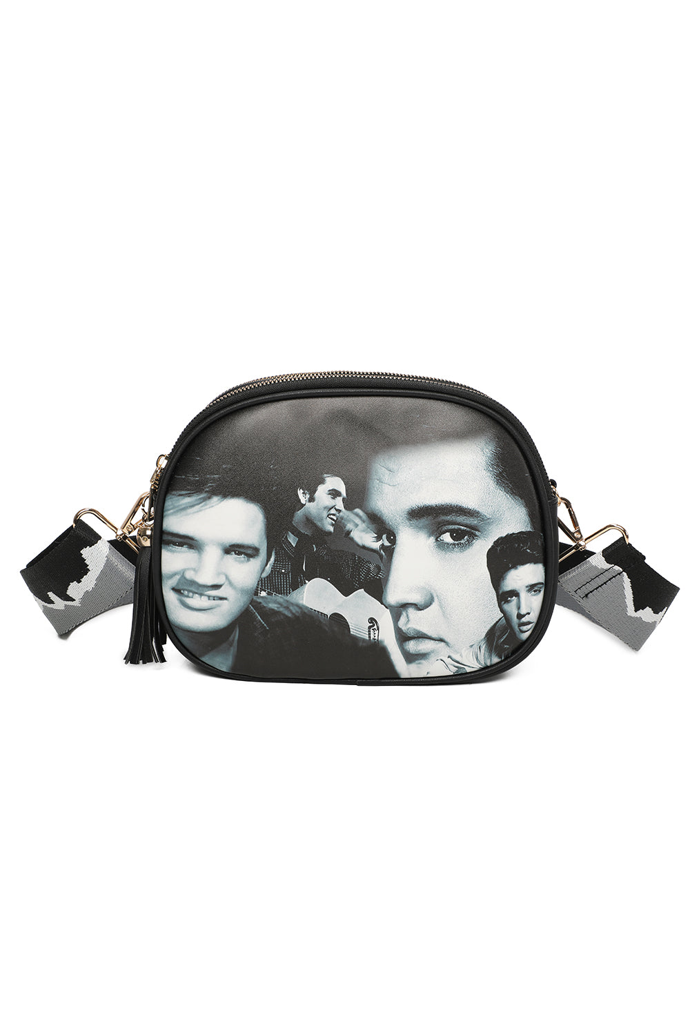 Triple Zipped Pockets Elvis Printed Crossbody Bag with Canvas Strap