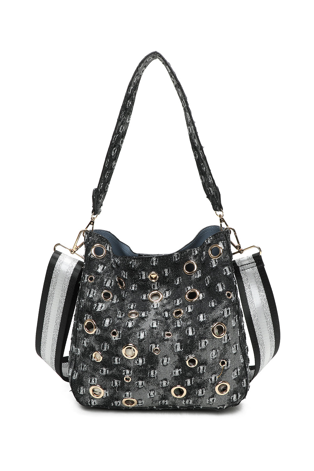 Denim Hole Hobo Shoulder Bag and Pouch 2-in-1 with Three-Tone Glitter Strap