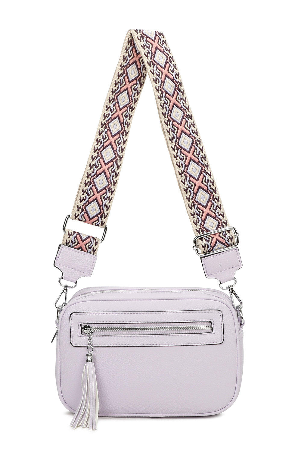 Quadriple Zipped Tassel Crossbody with Canvas Strap