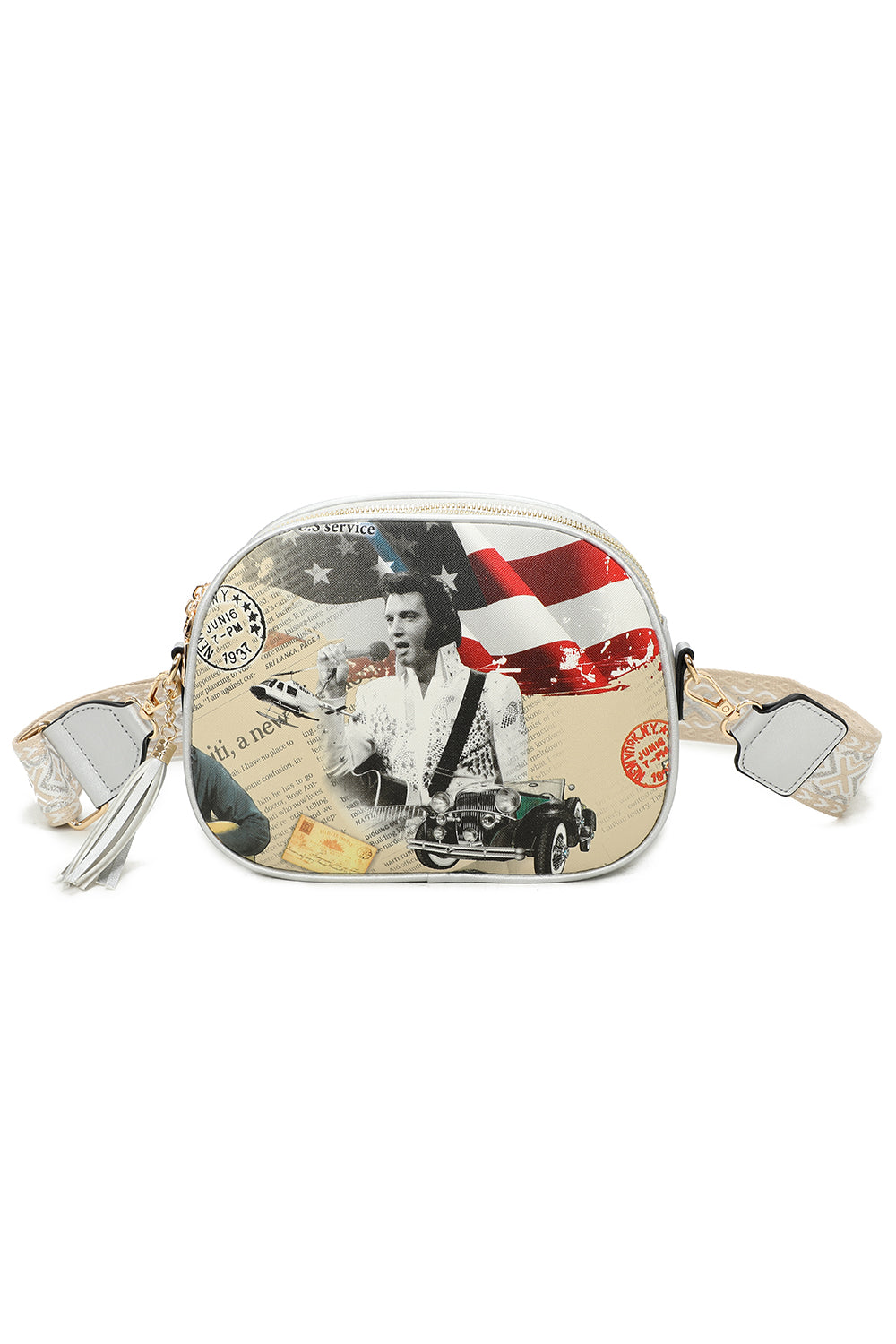 Triple Zipped Elvis Printed Crossbody Bag with Canvas Strap