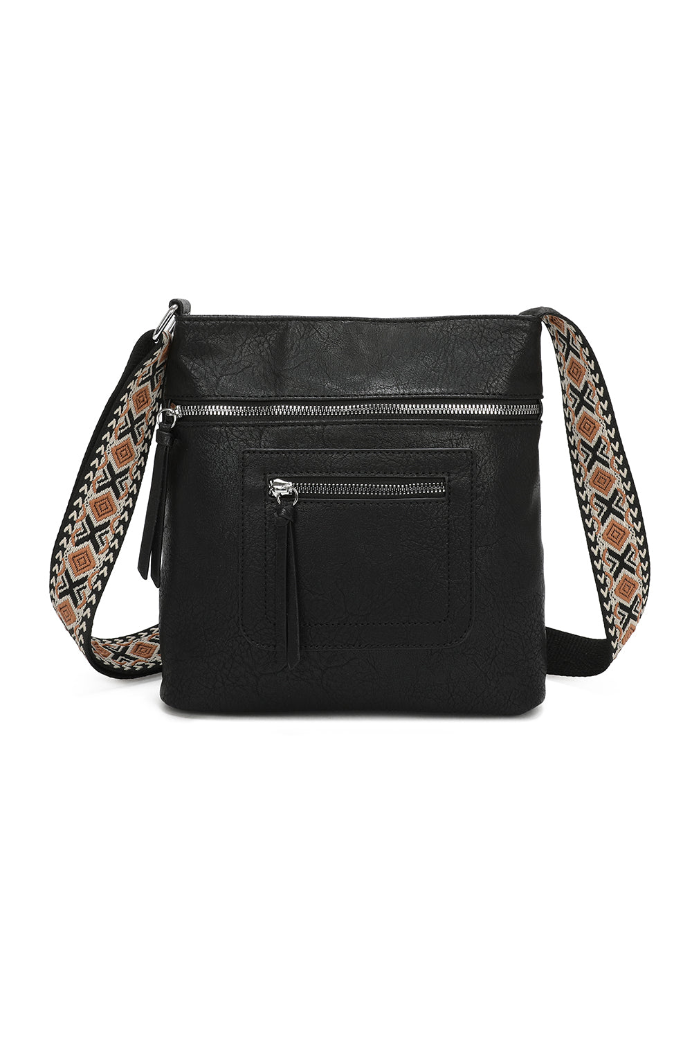 Iki Quadruple Zips PU Leather Crossbody Messenger Bag with Canvas Strap