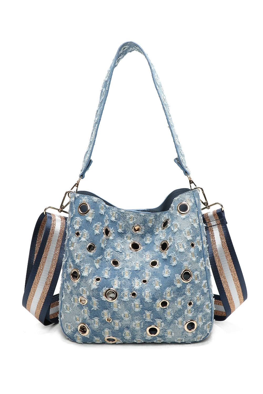 Denim Hole Hobo Shoulder Bag and Pouch 2-in-1 with Three-Tone Glitter Strap