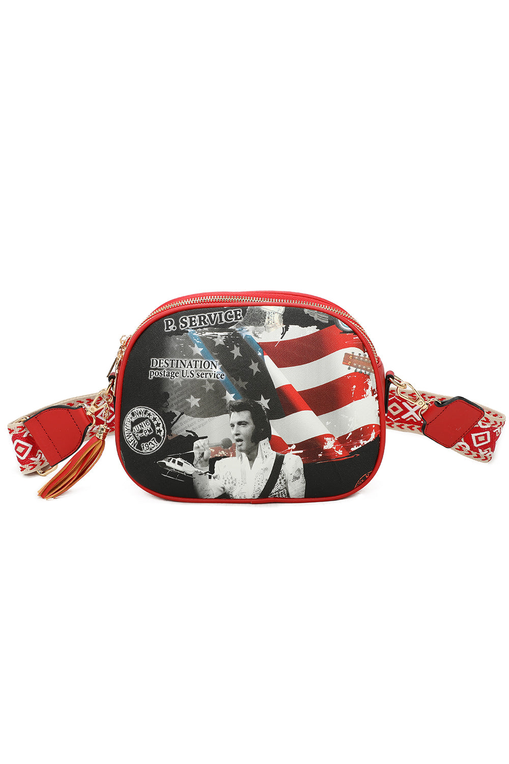 Triple Zipped Elvis Printed Crossbody Bag with Canvas Strap