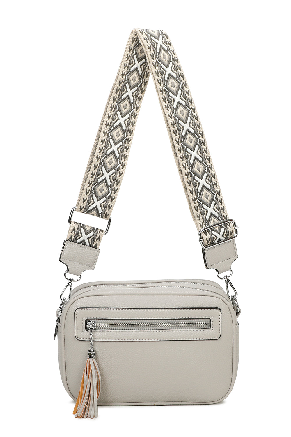 Quadriple Zipped Tassel Crossbody with Canvas Strap