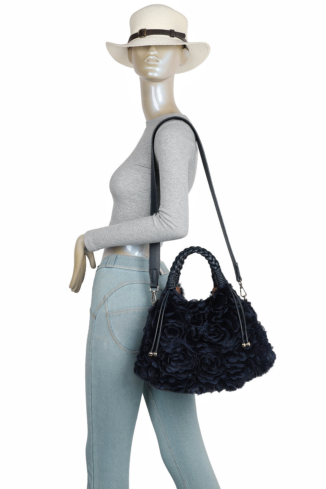 Dorelle Large Faux Fur Sewn Lace Flower Pattern Top Handle Shoulder Bag - RY260532