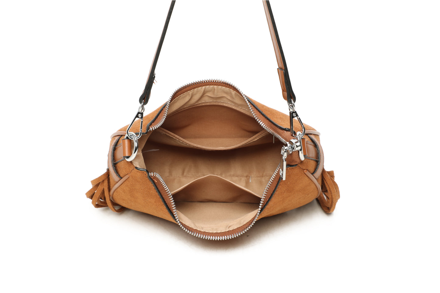 Mesa Suede Fringe Tassel Shoulder Hobo Bag With Removable strap - RX250931