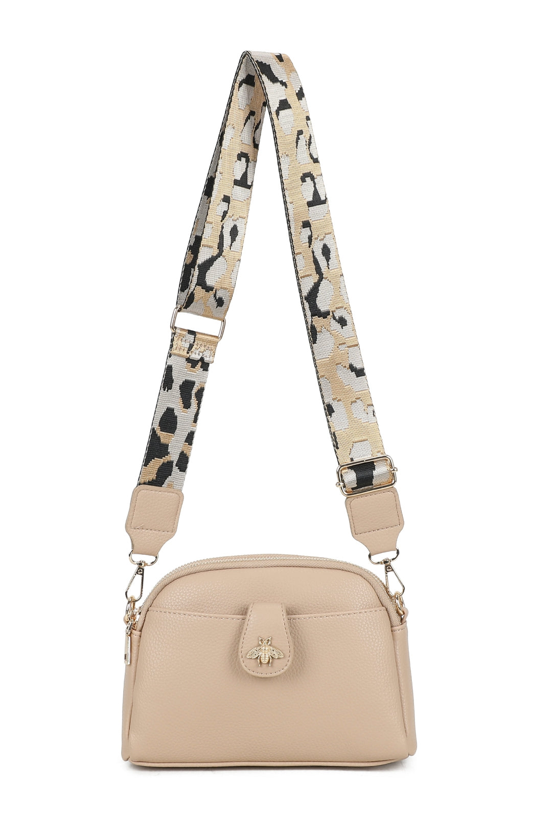 Monarch Bee Badge Multi-pocket Crossbody Bag with Leopard Canvas Strap - RW250452