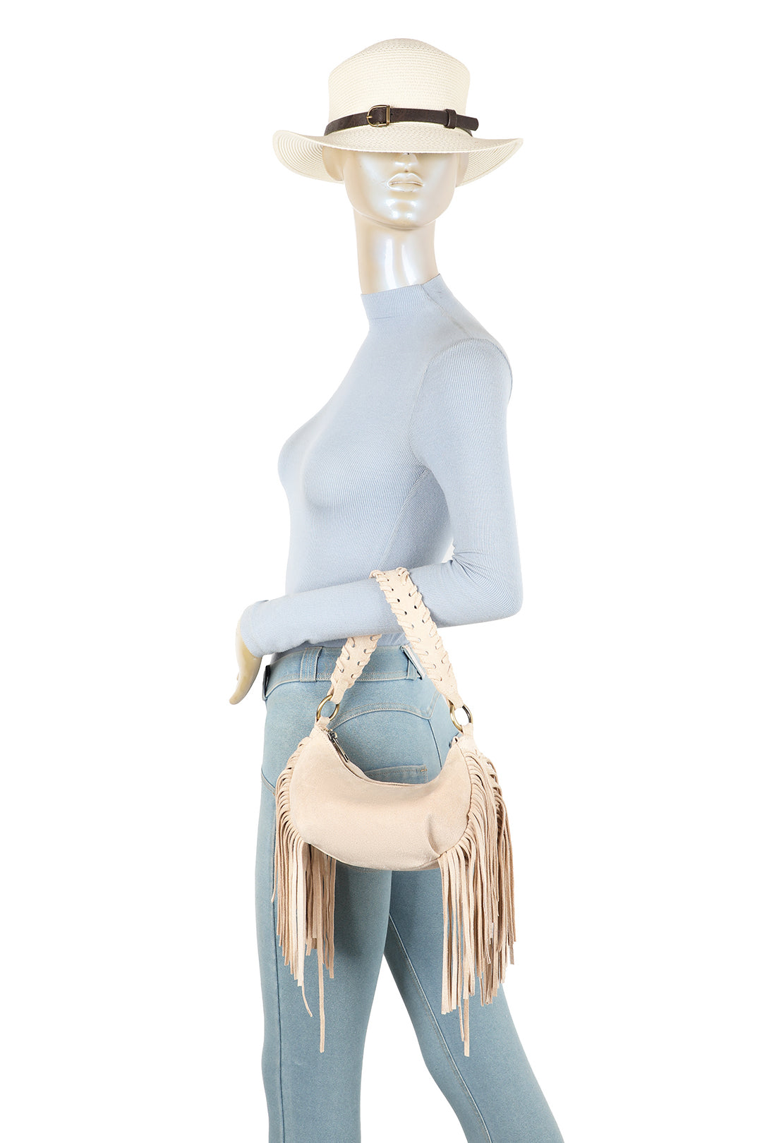 Aurex Faux Suede Fringe Tassel Crossbody Hobo Bag With Handwoven Strap - RJ250976