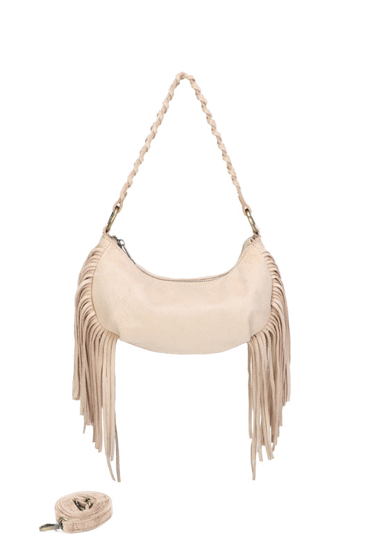 Aurex Faux Suede Fringe Tassel Crossbody Hobo Bag With Handwoven Strap - RJ250976