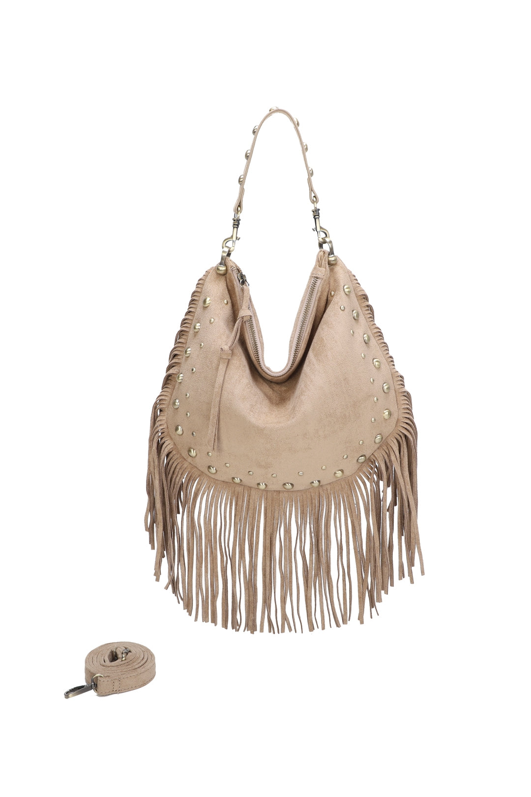 Caravan Studded Large Faux Suede Fringe Tassel Hobo Shoulder Bag - RY250962