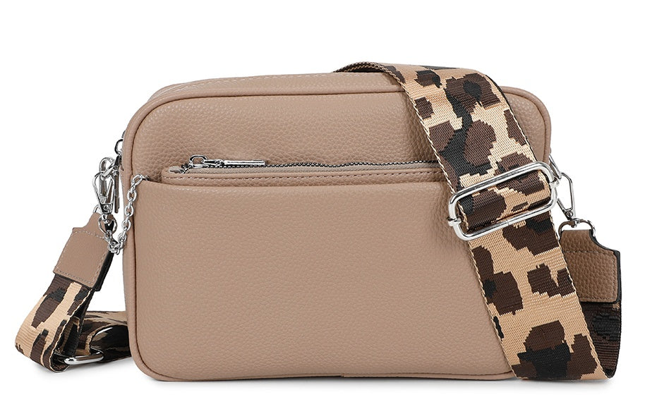 Suni Dual Compartments PU Leather Crossbody Bag with Camo Strap and Removable Pouch