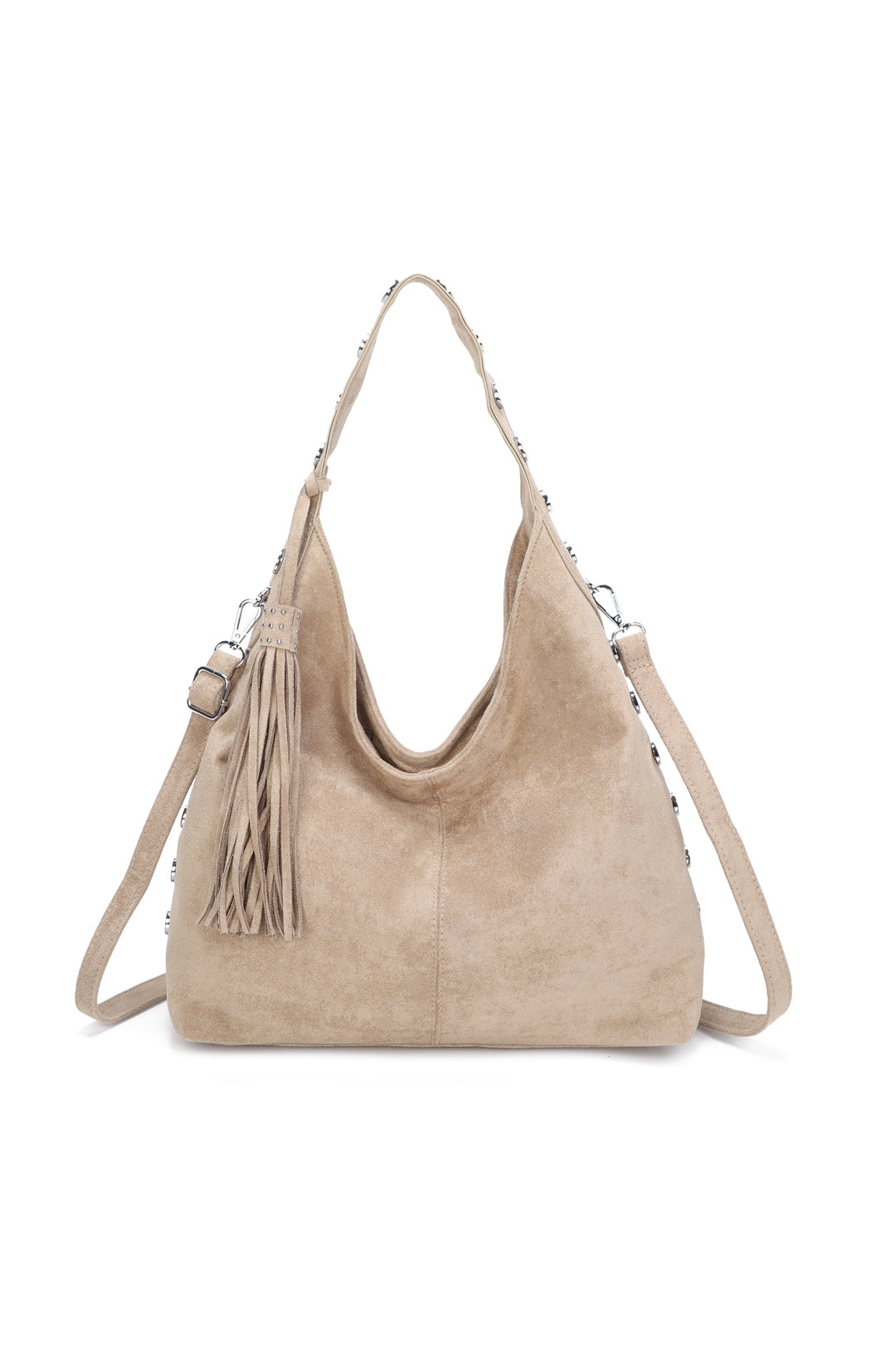 Bella Studded Large Faux Suede Tassel Slouch Hobo Shoulder Bag - RY250965