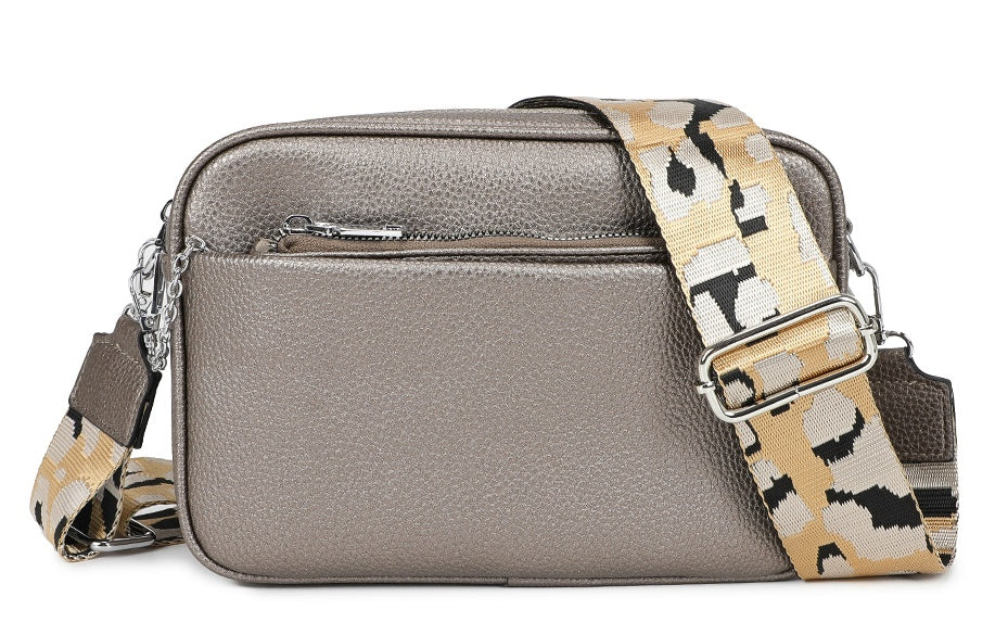 Suni Dual Compartments PU Leather Crossbody Bag with Camo Strap and Removable Pouch