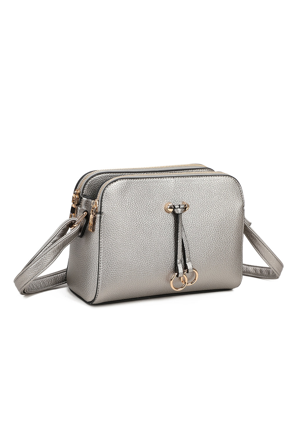 Metz Twin Rings Charm Three Zipped Sections PU Leather Crossbody Bag - RB230621