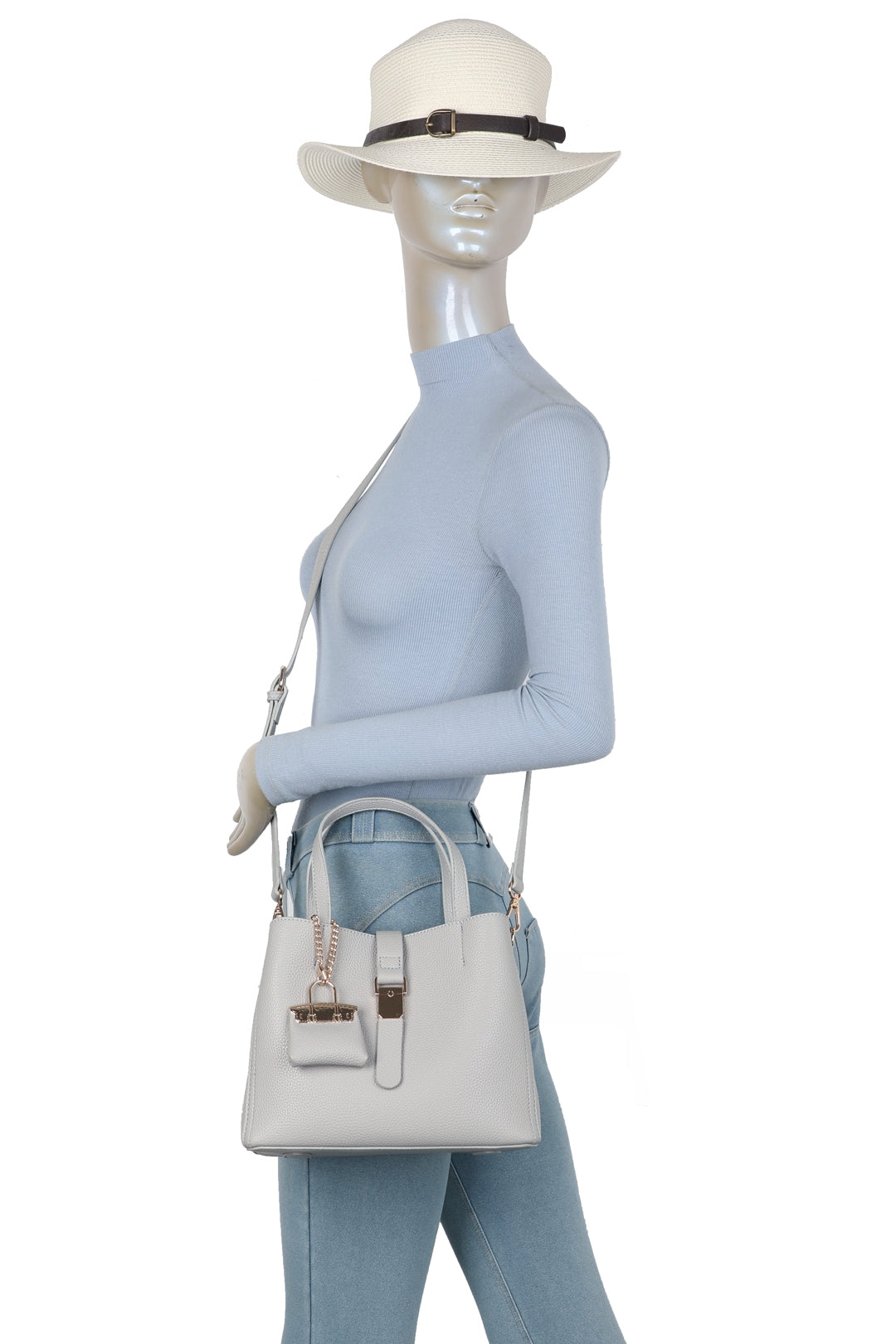 Ellory Triple Compartments Top Handle Tote Bag With Mini Bag Charm - RG51002