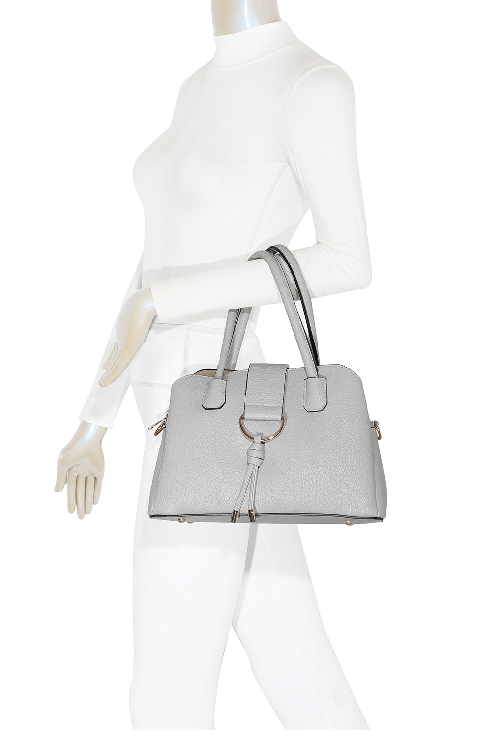 BellaElan PU Leather Triple Compartment Handbag with a metal D-ring Ornament and an Extra Long Strap - RJ241072