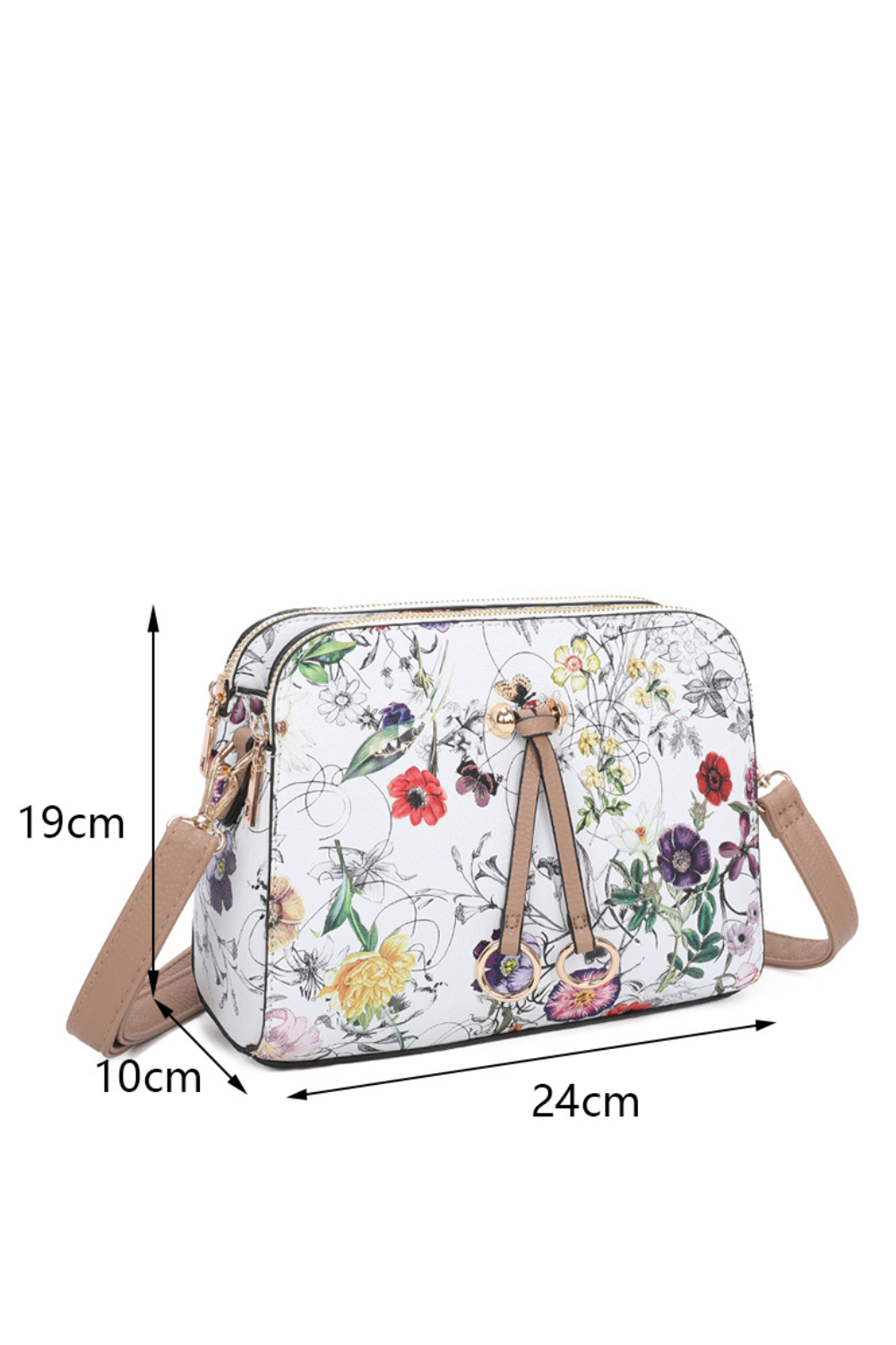 Hana Twin Rings Tri-Compartments Vintage Flower Print PU Leather Crossbody Bag