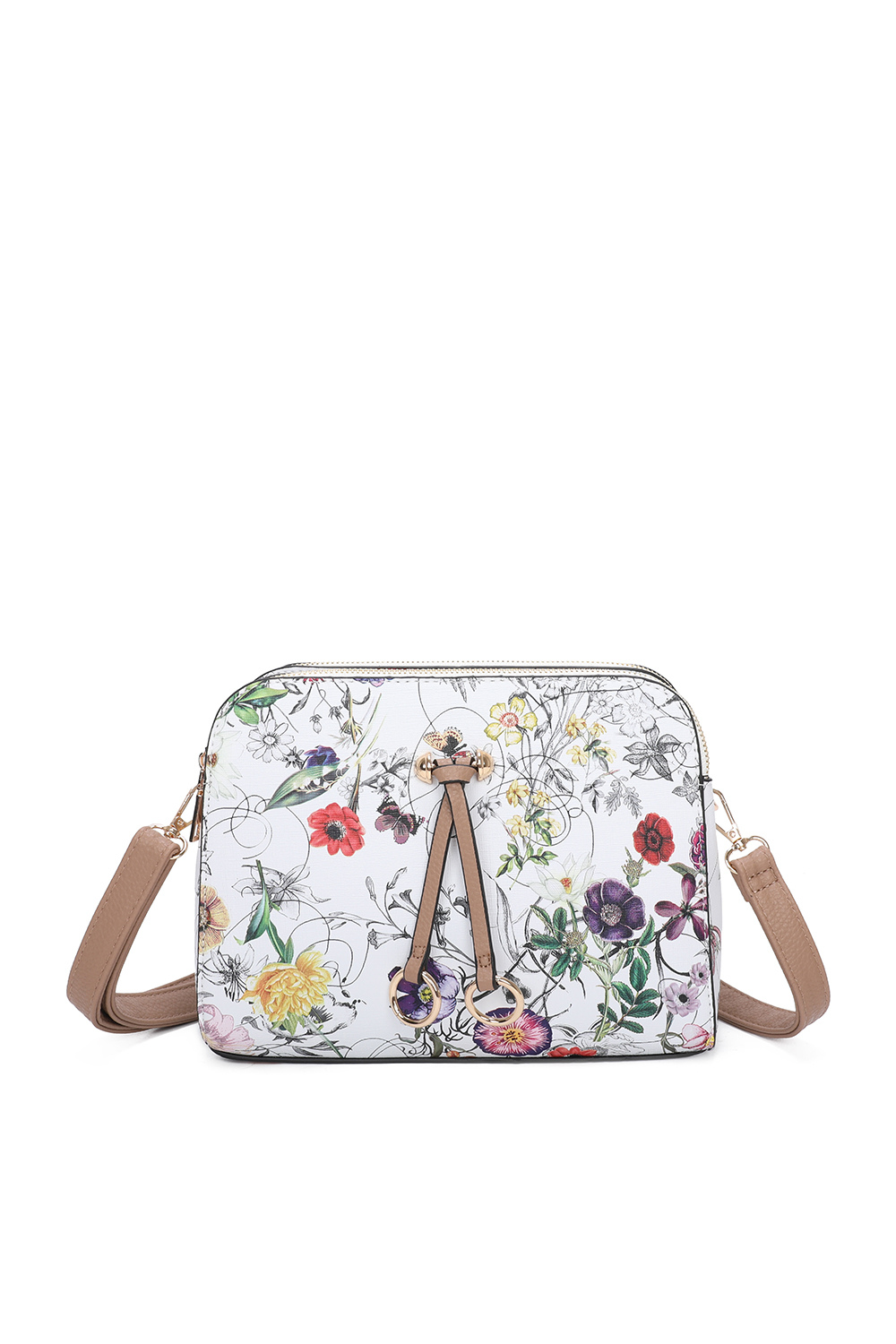 Hana Twin Rings Tri-Compartments Vintage Flower Print PU Leather Crossbody Bag