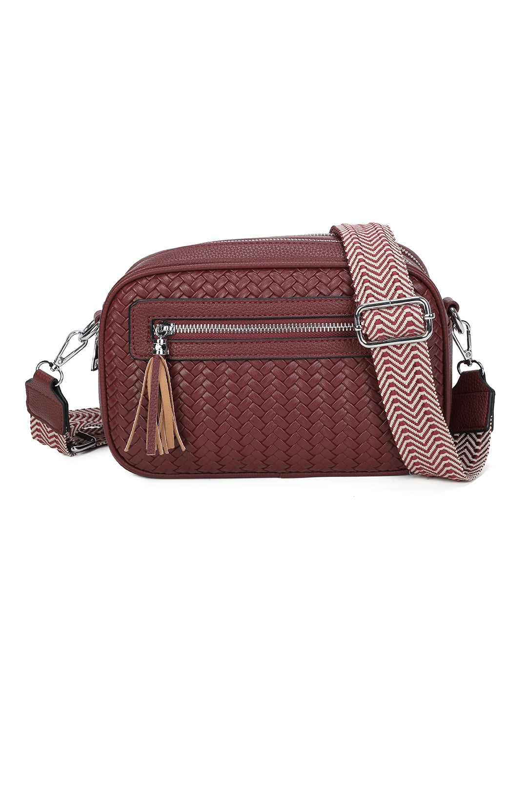 Forte Tassel Woven Pleated Zip Crossbody Bag With Canvas Strap - RB260511