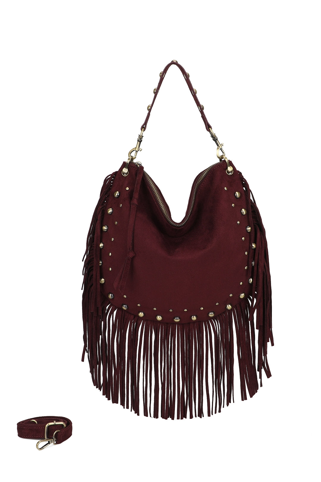 Caravan Studded Large Faux Suede Fringe Tassel Hobo Shoulder Bag - RY250962