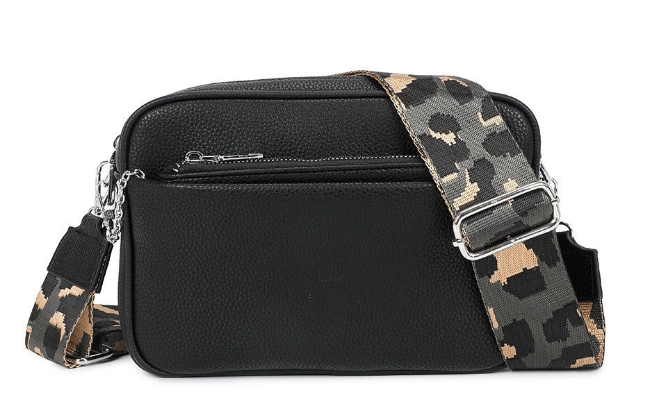 Suni Dual Compartments PU Leather Crossbody Bag with Camo Strap and Removable Pouch