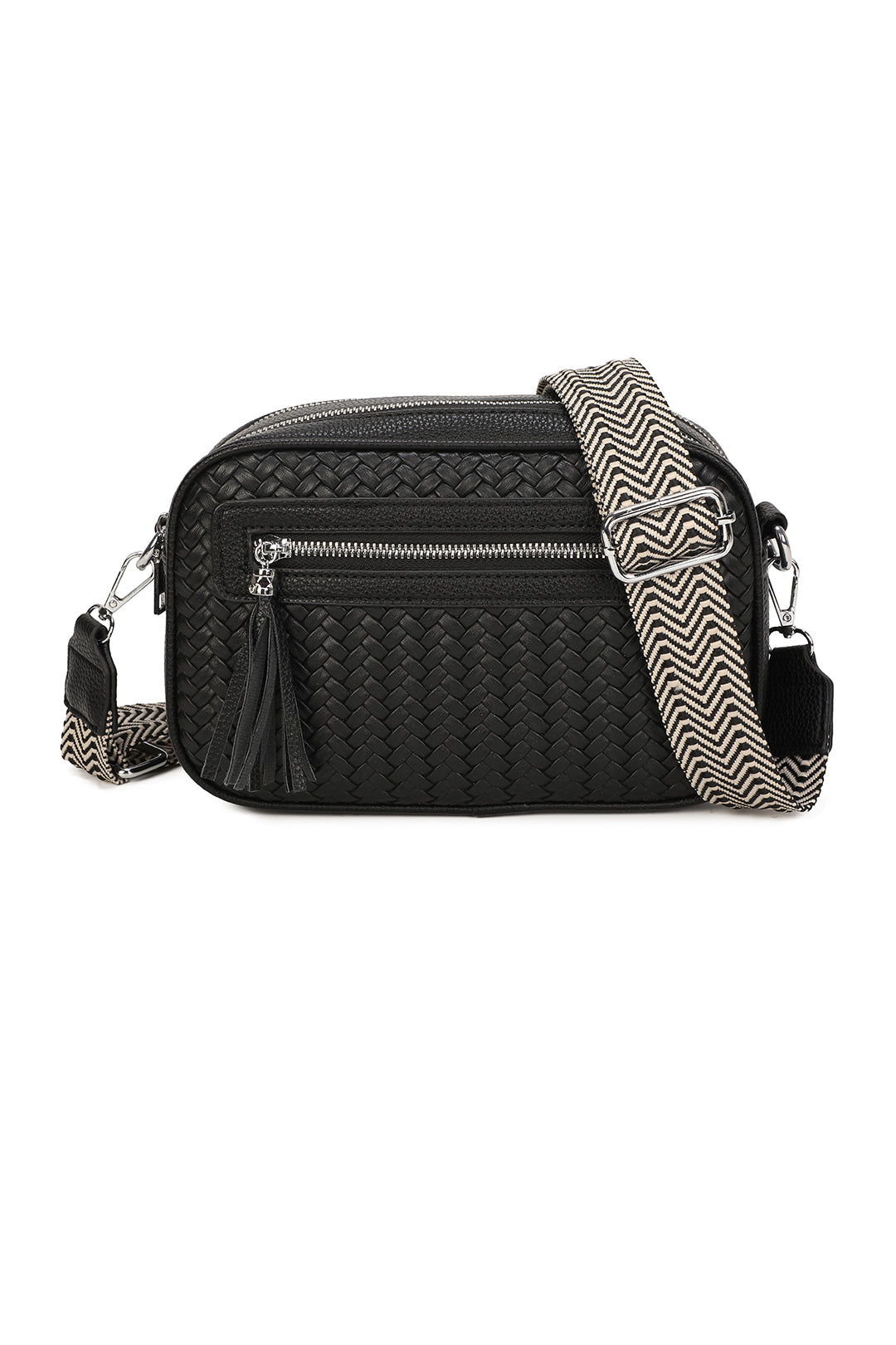 Forte Tassel Woven Pleated Zip Crossbody Bag With Canvas Strap - RB260511