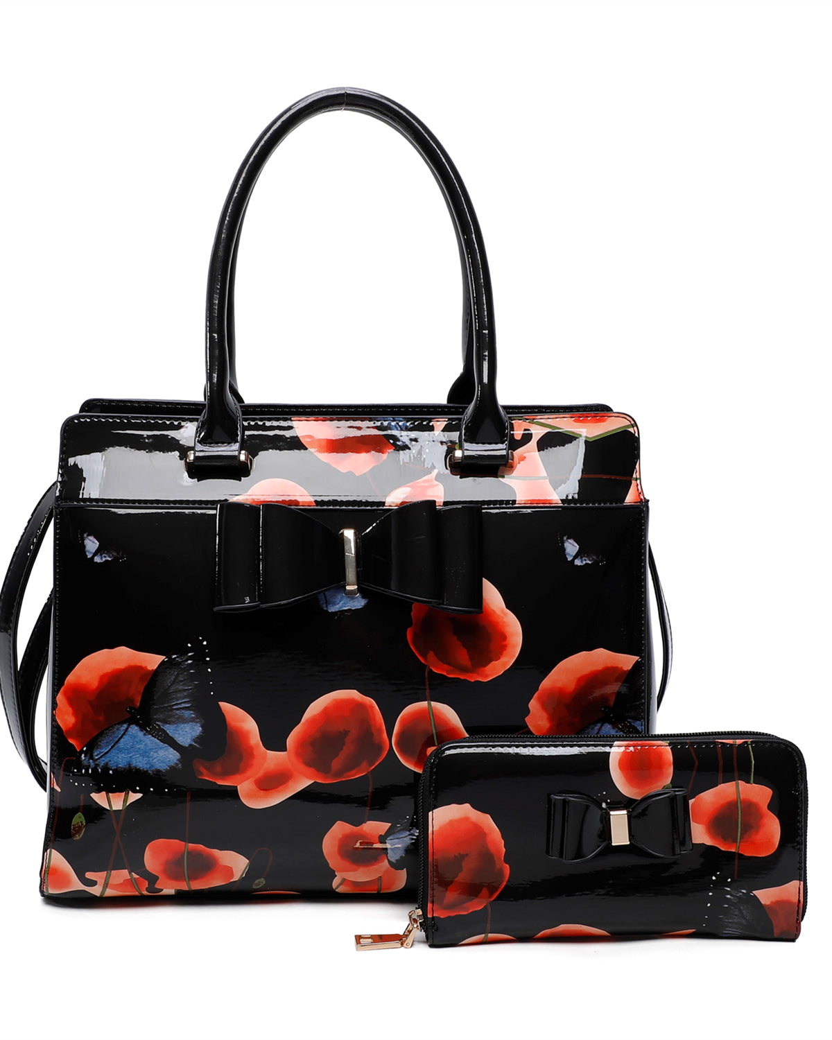 Papavero 2IN1 PU Patent Poppy Flower & Buttlefly Bucket Shaped With Purse Set - RJ200811