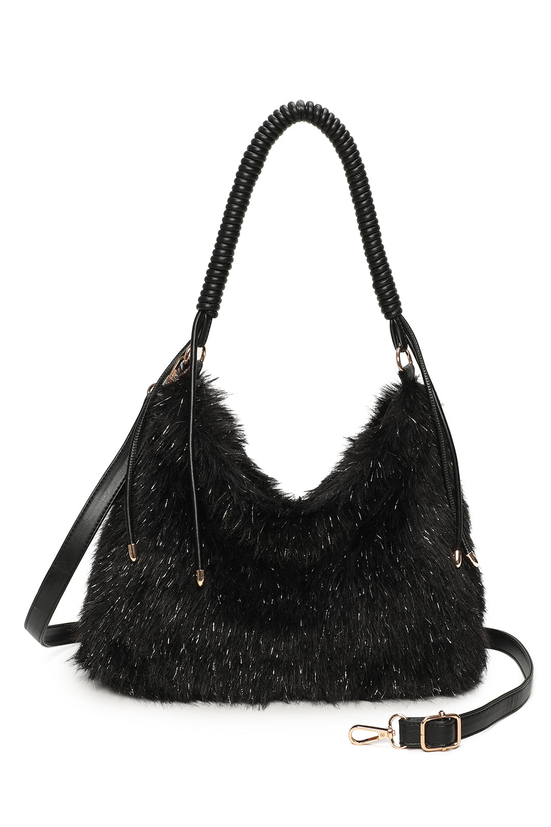 Calista Sparkling Faux Fur Top Zip Closure Shoulder Bag with Braided Handle - RJ260542