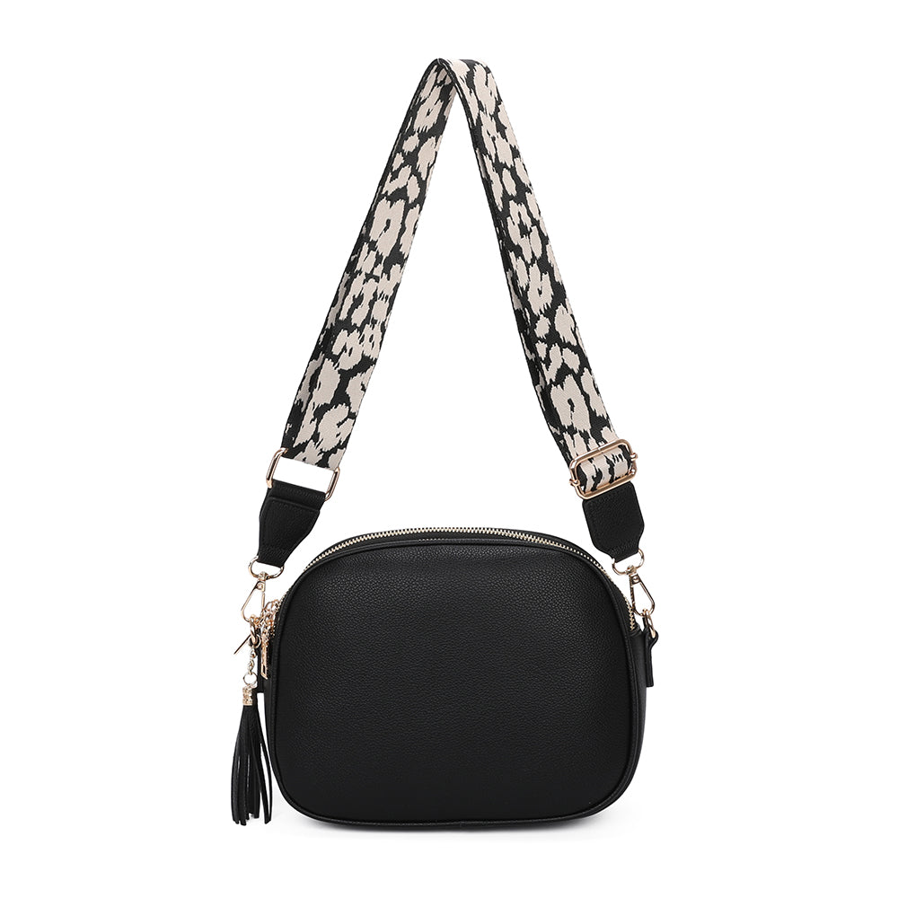 Simi Tassel Triple Zip PU Crossbody Bag with Camo Strap