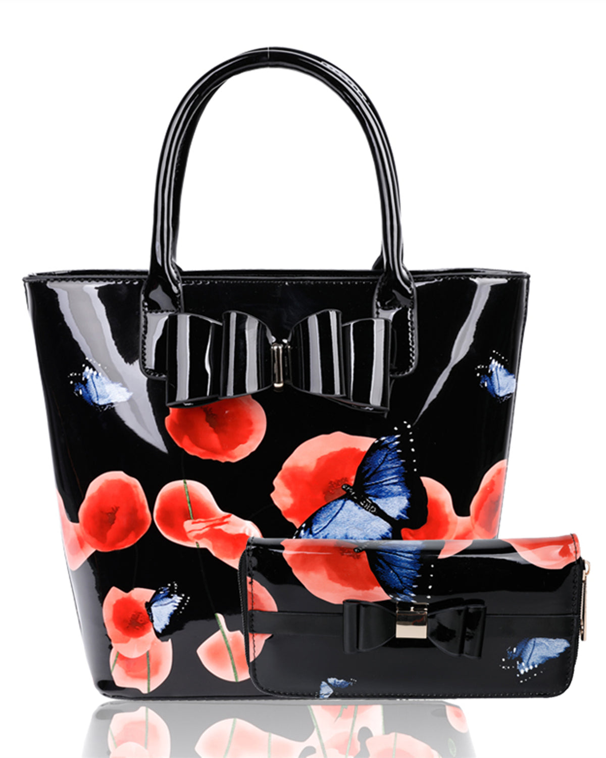 Amapola 2IN1 Poppy Flower & Buttlefly Bucket Shaped Top-Handle Bag With Purse Set - RJ180802