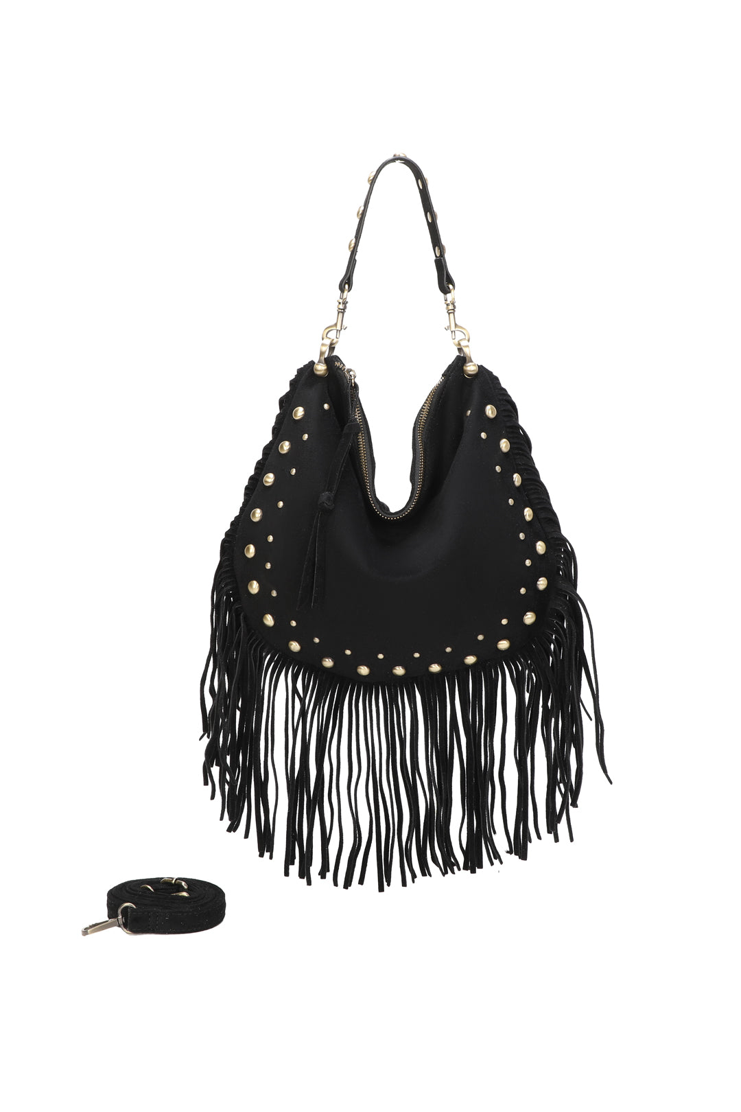Caravan Studded Large Faux Suede Fringe Tassel Hobo Shoulder Bag - RY250962