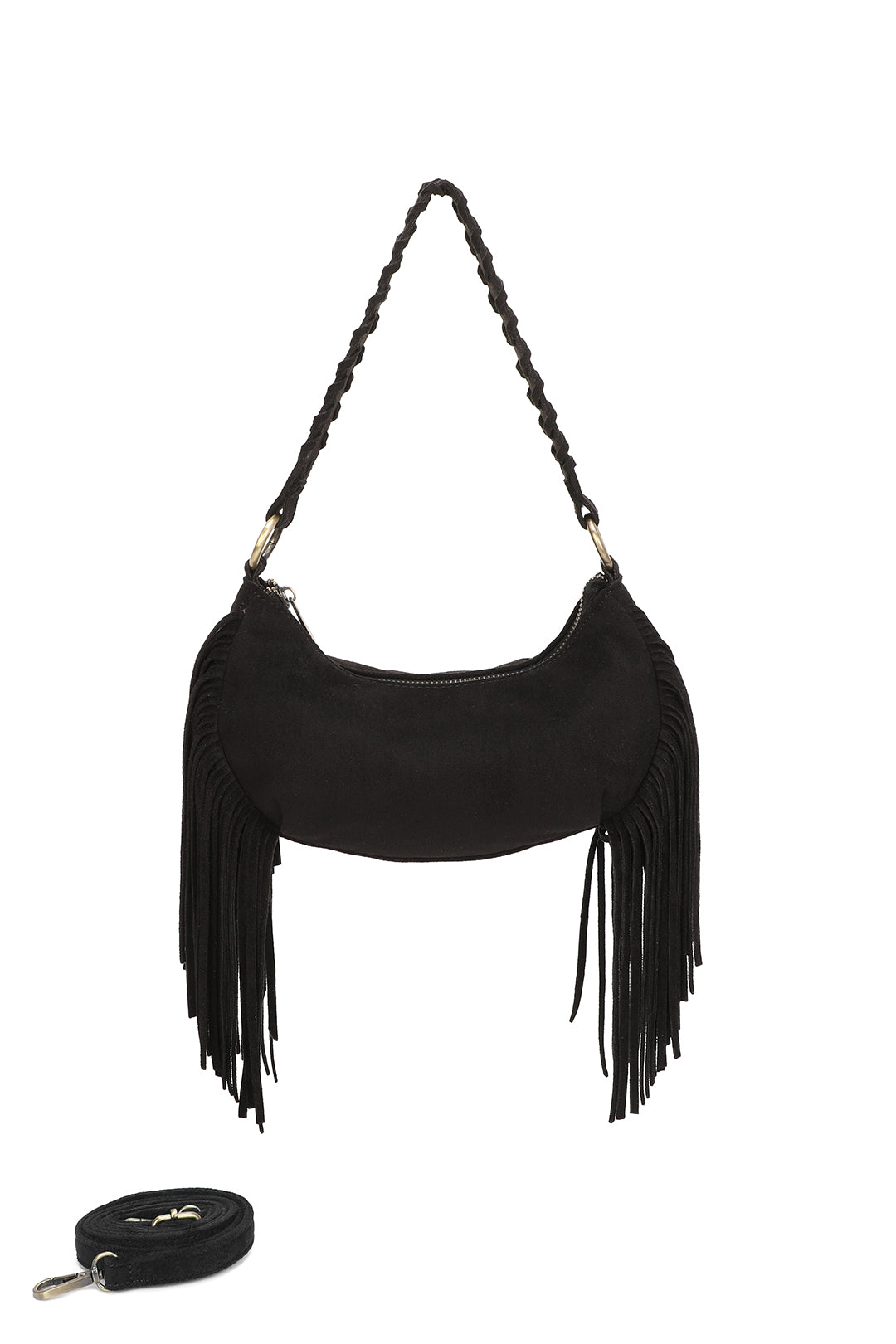Aurex Faux Suede Fringe Tassel Crossbody Hobo Bag With Handwoven Strap - RJ250976