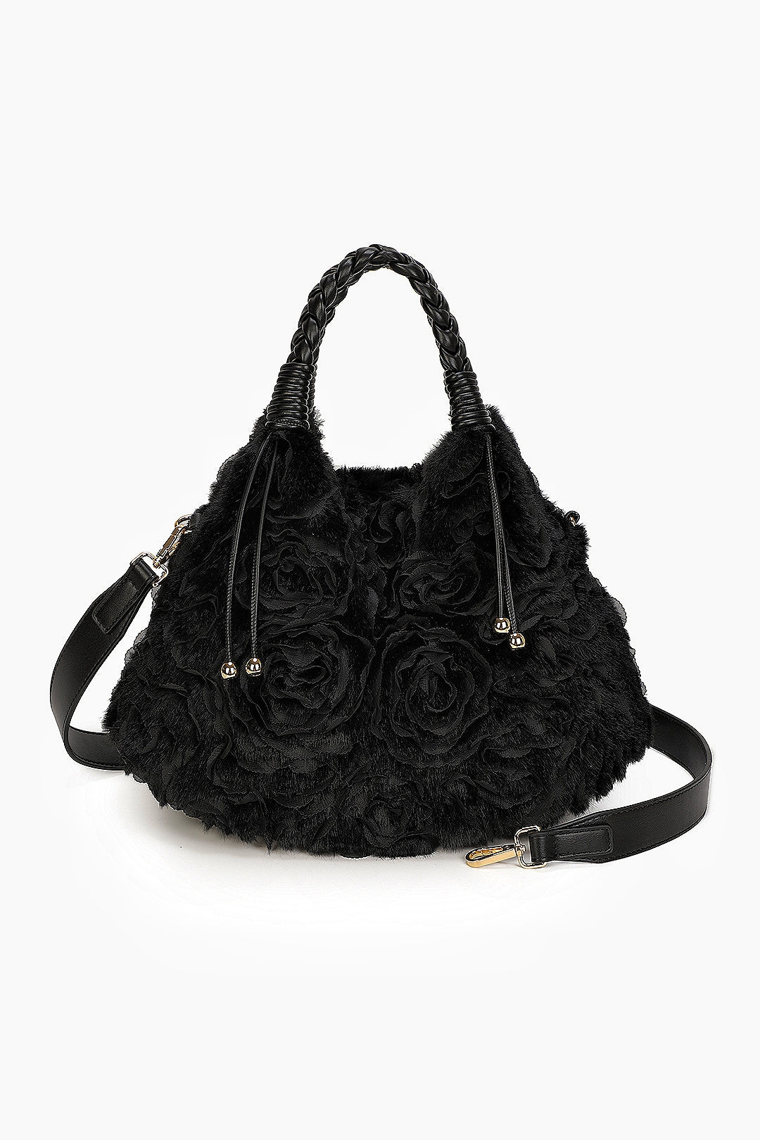 Dorelle Large Faux Fur Sewn Lace Flower Pattern Top Handle Shoulder Bag - RY260532