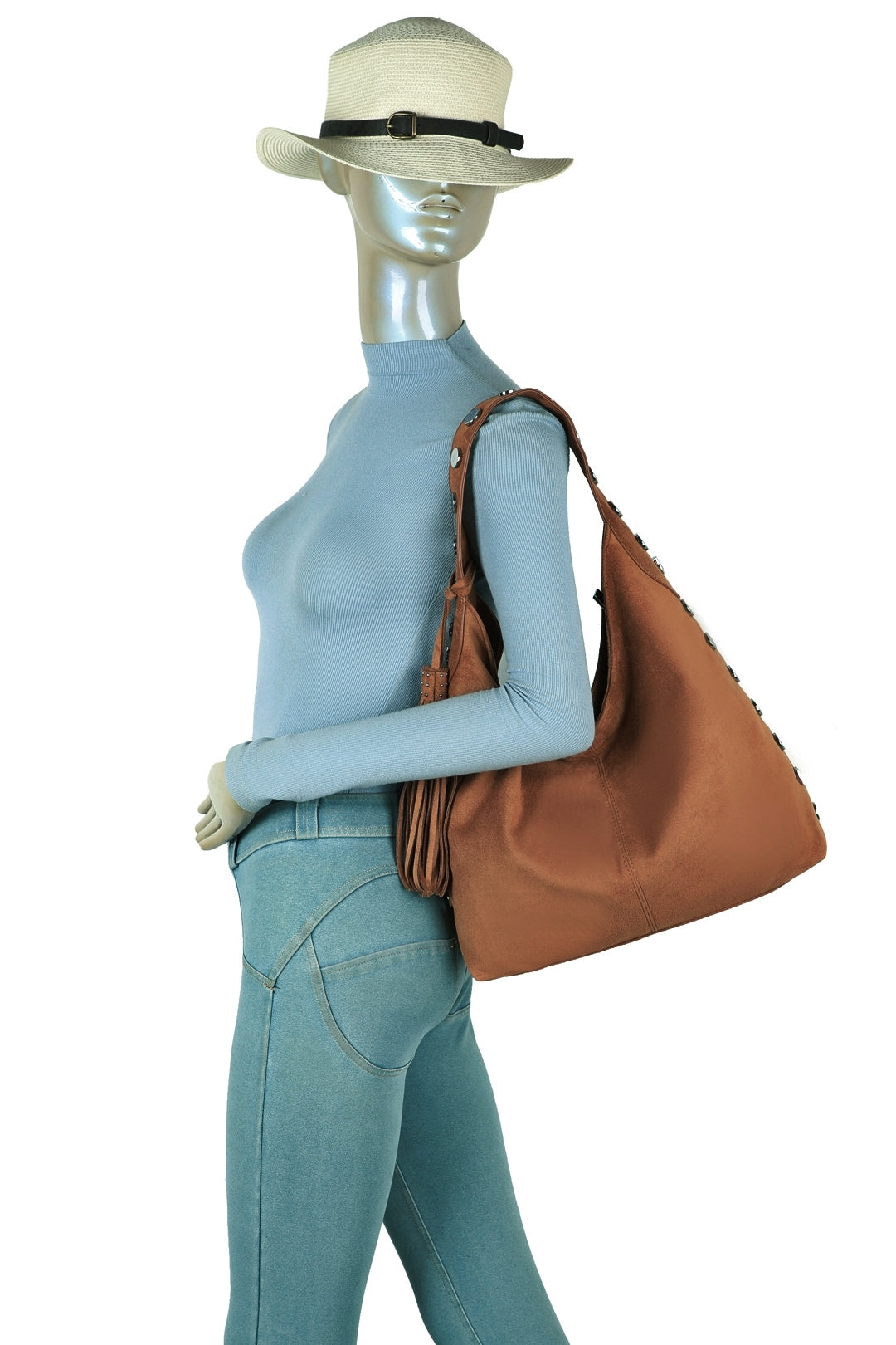 Bella Studded Large Faux Suede Tassel Slouch Hobo Shoulder Bag - RY250965