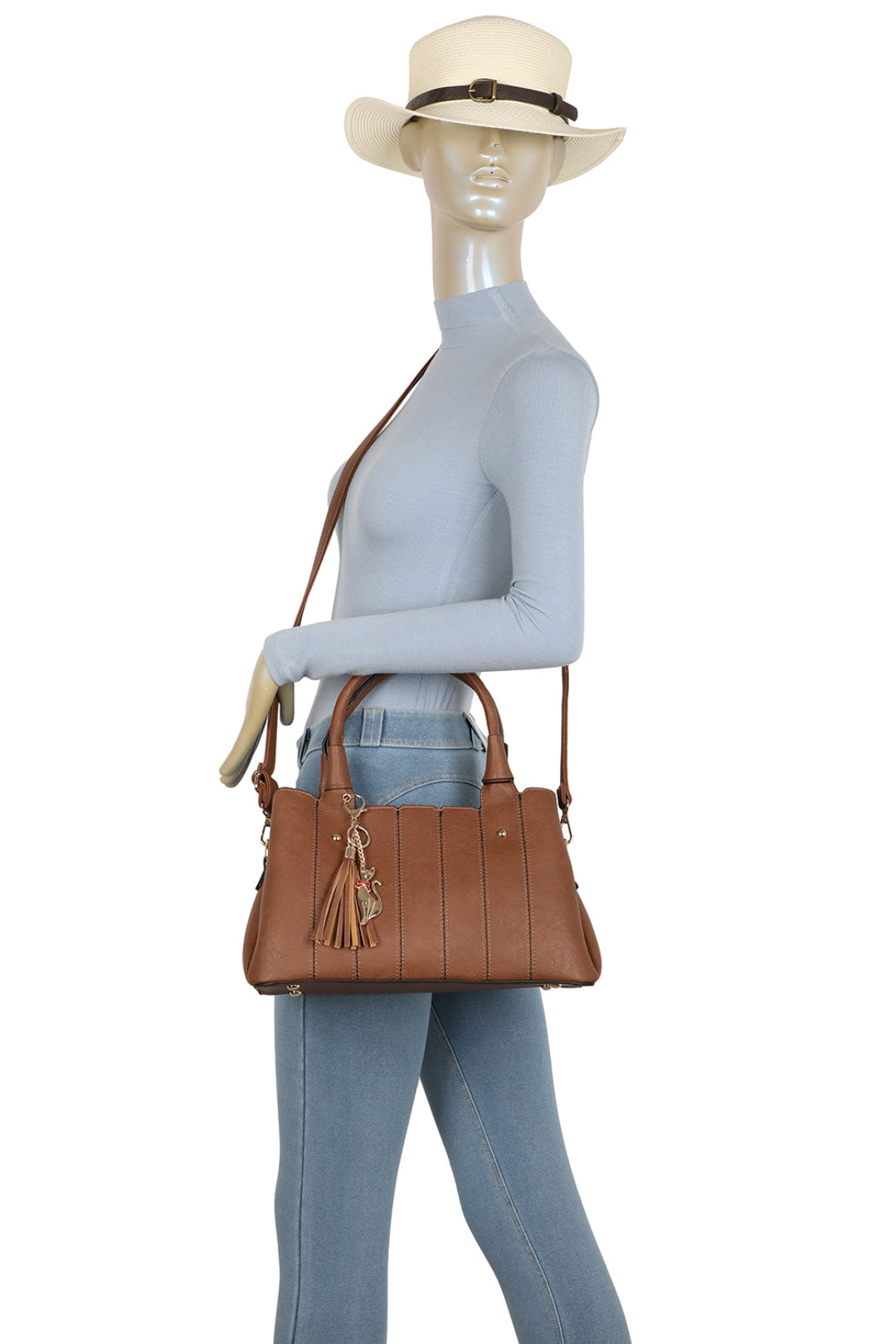 Katze Striped PU Leather Tote Shoulder Handbag with Kitten Charm(RB170853)